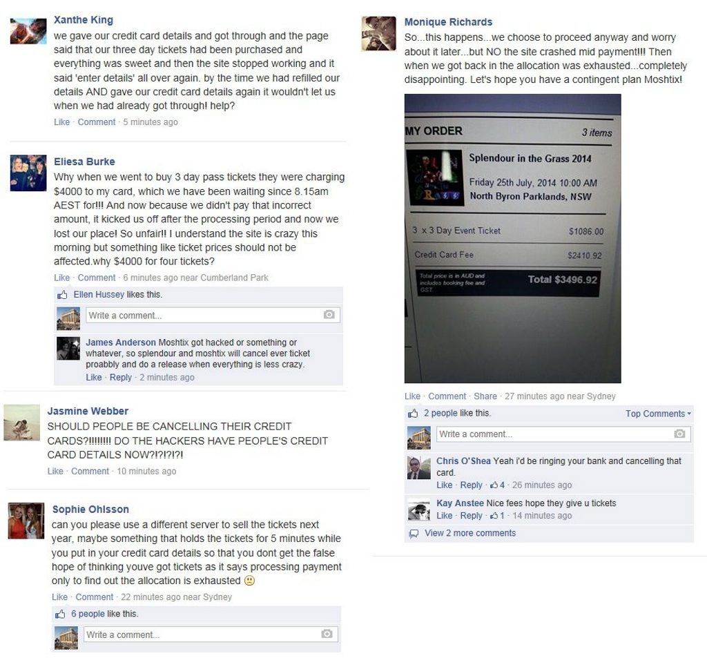 Splendour in the Grass patrons post their outrage at this morning's mayhem on the festival's Facebook page. Splendour in the Grass patrons post their outrage at this morning's mayhem on the festival's Facebook page.